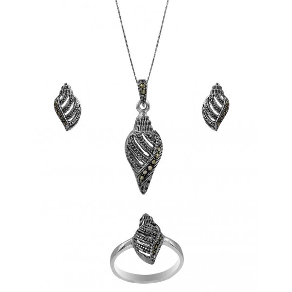 Marcasite Seashell Design Pendant, Earring, Ring Set