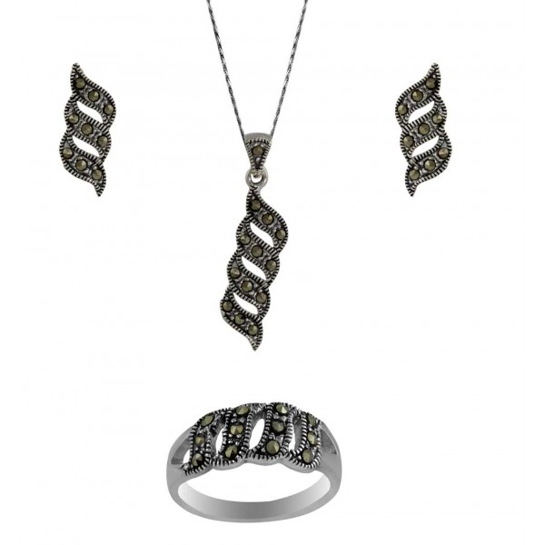 Marcasite Wavy Cutout Pendant, Earring, And Ring Set